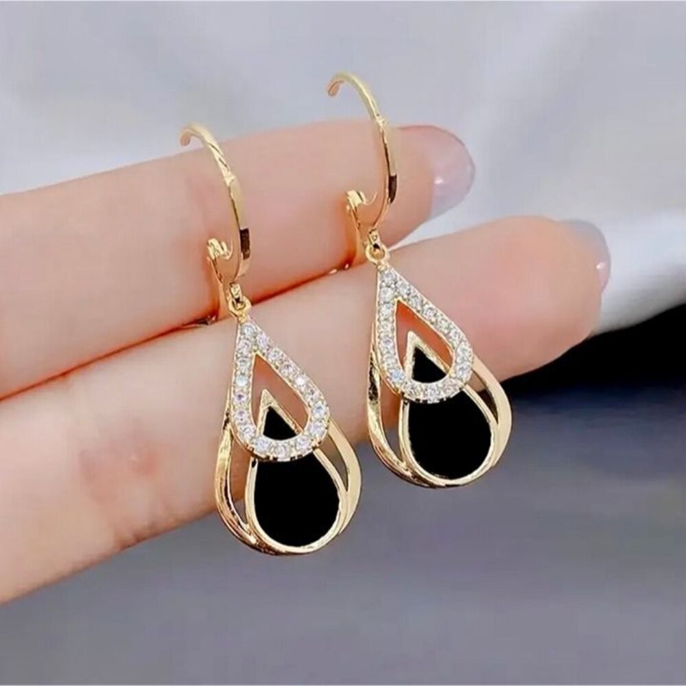 Gold Black Teardrop Drop Earrings Crystal Trim Enamel Dangle Statement Chic